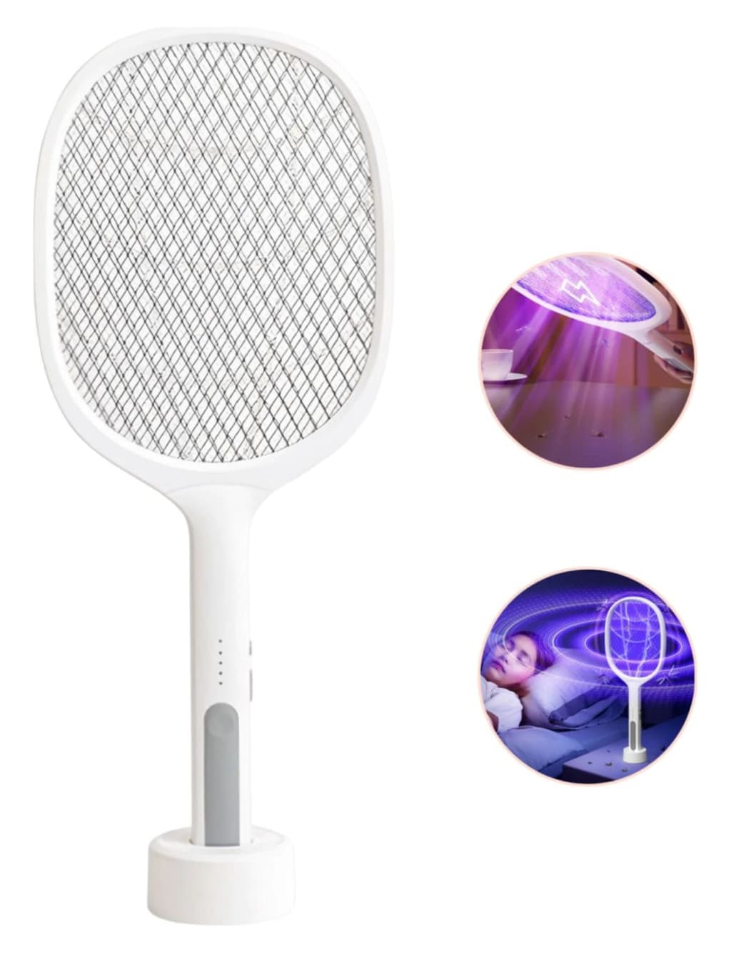 Raqueta 2 En 1 Lámpara Mata Mosquitos Recargable Base Usb Color Blanco