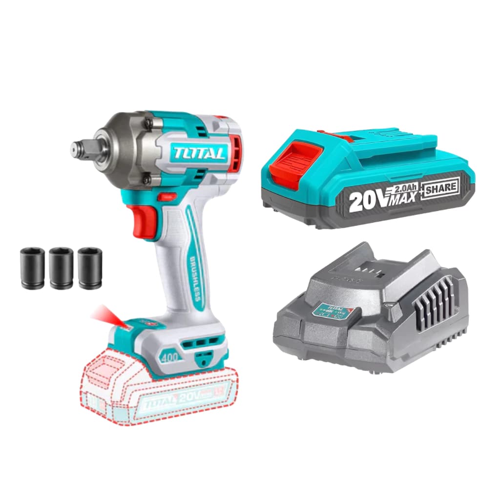 LLAVE DE IMPACTO 20V BL 400Nm TOTAL TIWLI20401 Con BATERIA Y CARGADOR