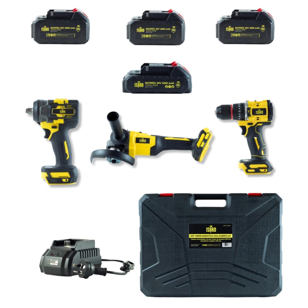 Kit Combo Taladro Atornillador + Llave Impacto + Amoladora 20v Color Amarillo con 4 Baterías Isard